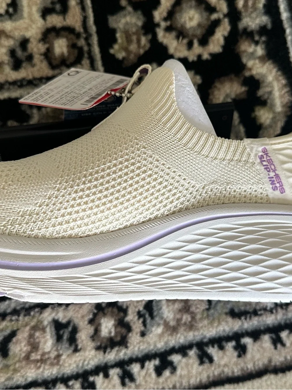 Skechers Women's Slip-On Knit Sneakers in Cream with Lavender Accents